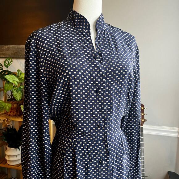 Vintage 90s Navy Long Sleeve Button Front Silk Dress Size 6 Small - Picture 2 of 8